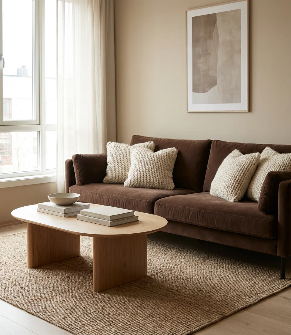 Chocolate Velvet Sofa with Cream Accents 1