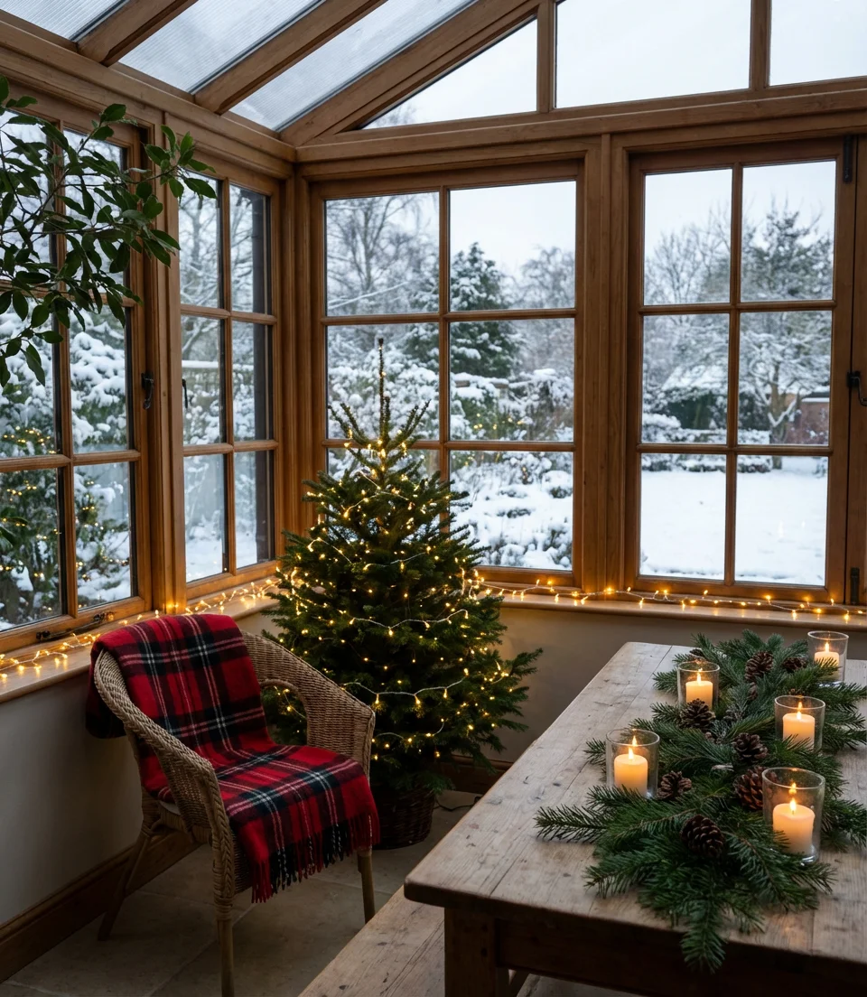 Christmas Sunroom with Seasonal Decor and Festive Lighting 1