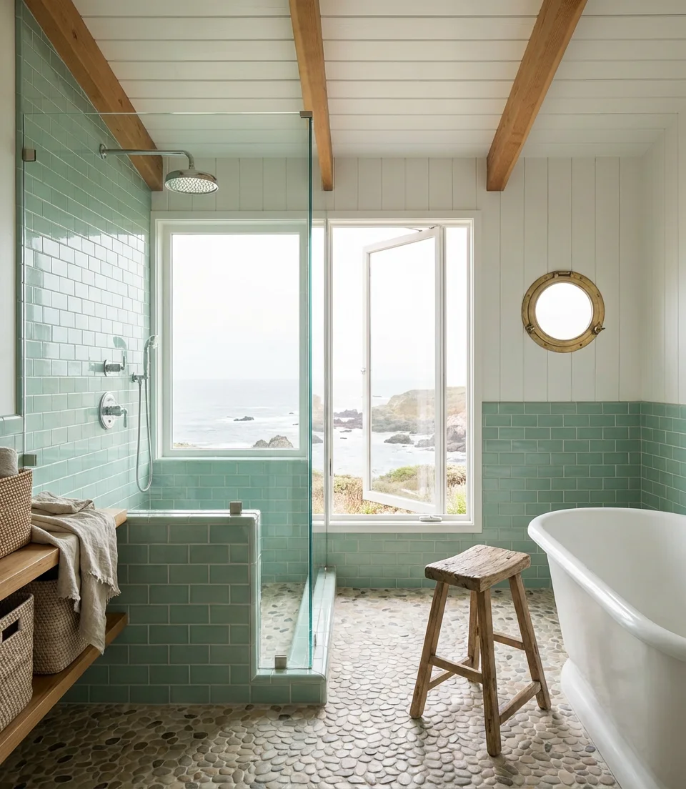 Coastal Bathroom with Natural Light and Sea-Toned Tiles 2