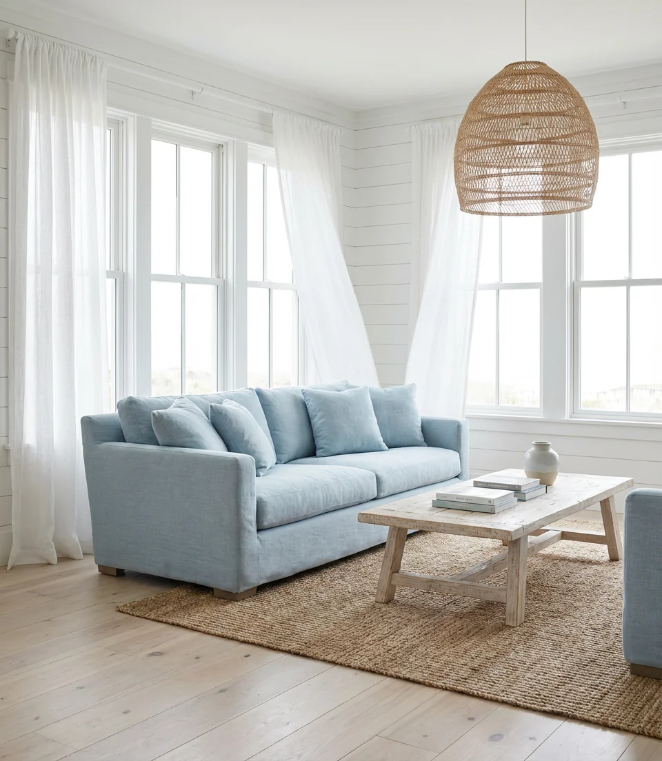 Coastal Blue and White Living Room with Natural Textures 1