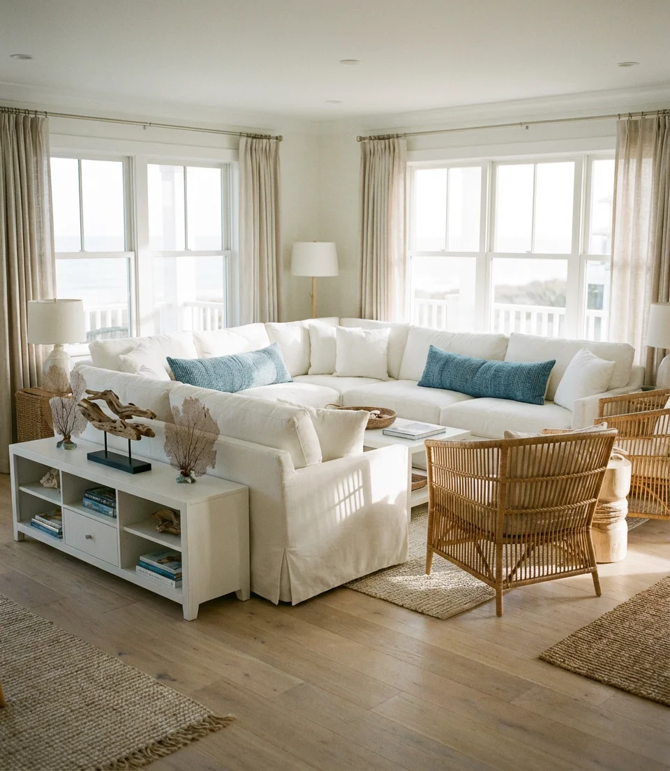Coastal Blue and White Living Room with Natural Textures 2