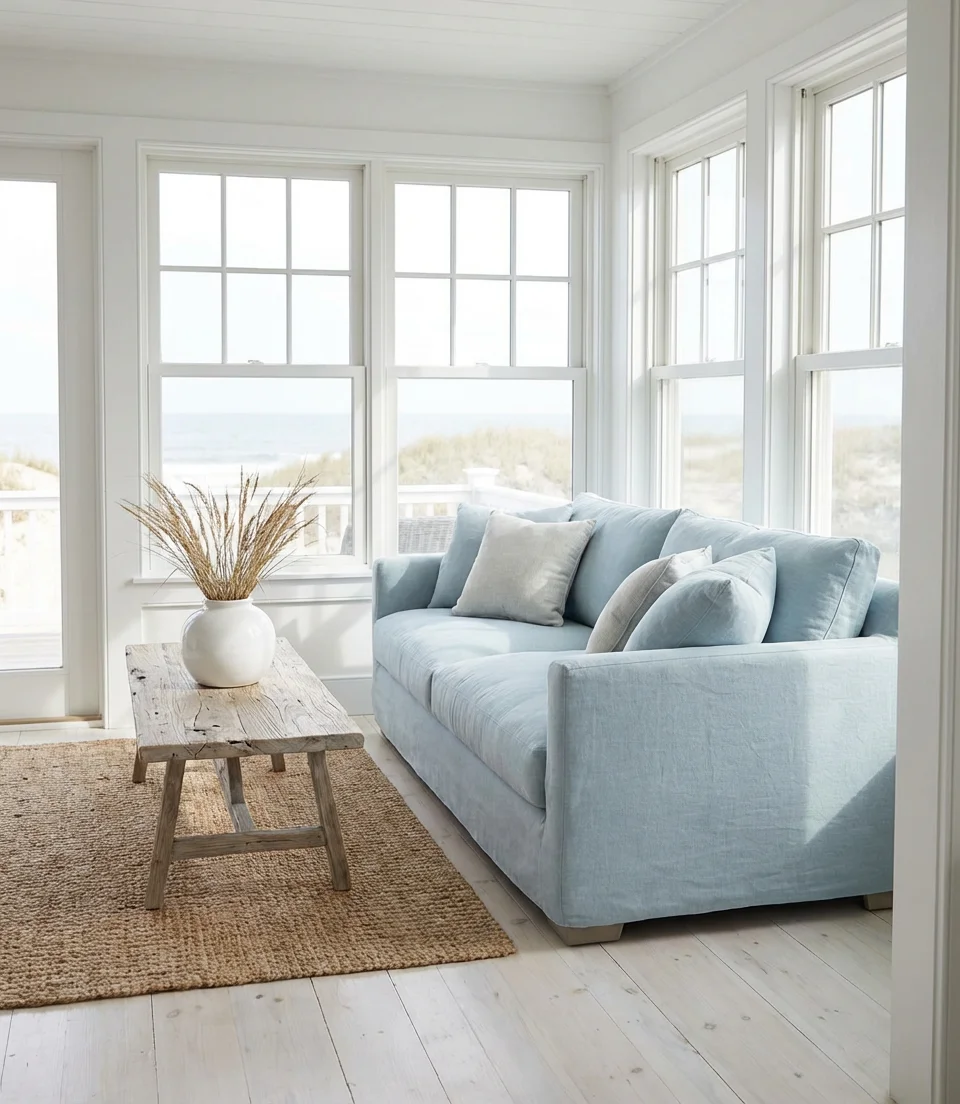 Coastal Sunroom with Whitewashed Wood and Ocean-Inspired Palette 1