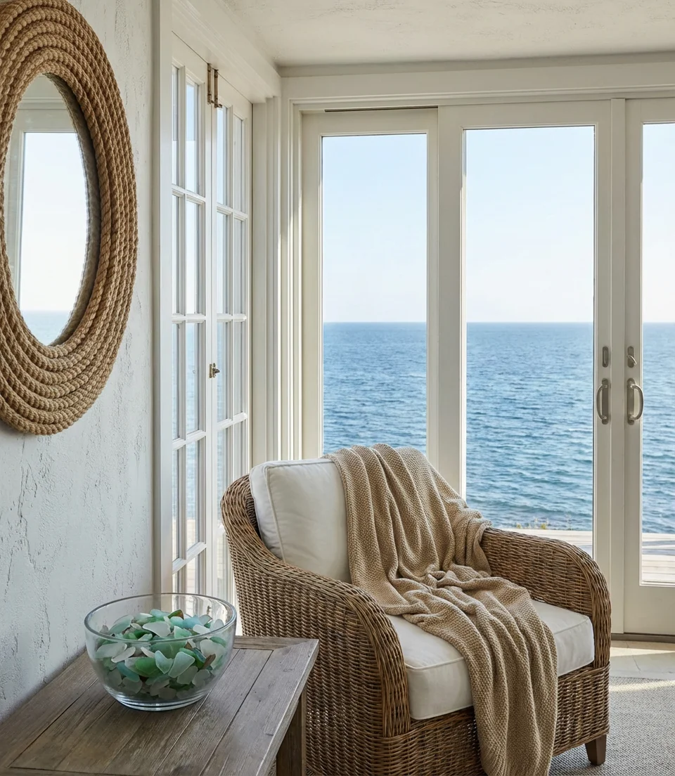 Coastal Sunroom with Whitewashed Wood and Ocean-Inspired Palette 2