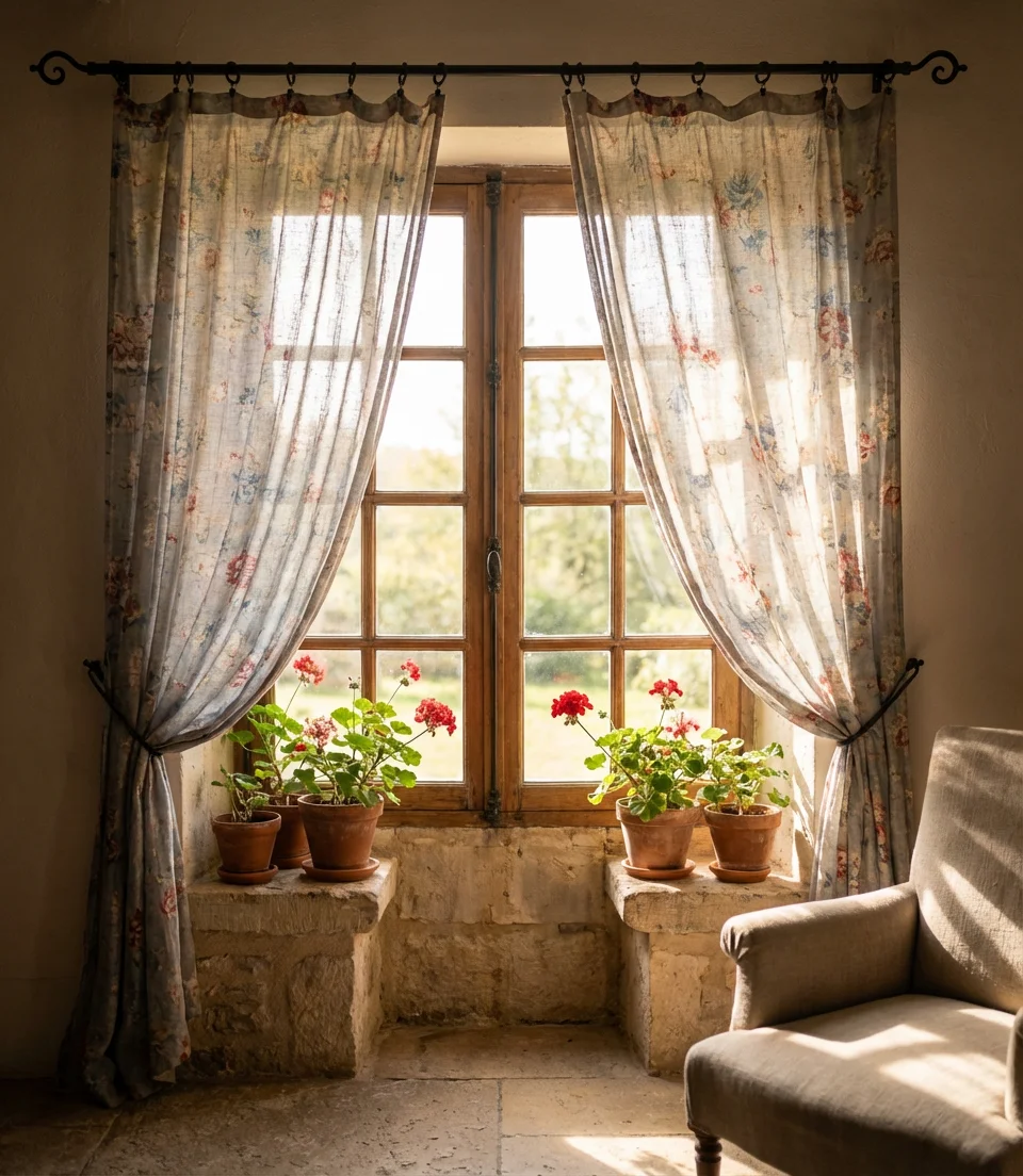 Cottage-Style Floral Curtains with Iron Rods 1