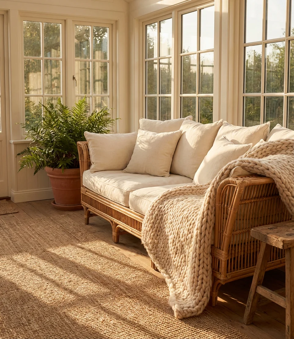 Cozy Indoor Sunroom with Layered Textiles 1