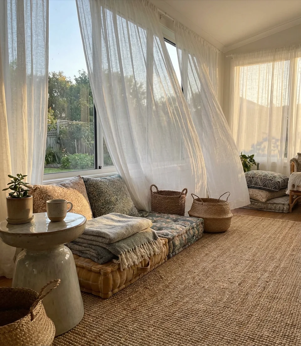 Cozy Indoor Sunroom with Layered Textiles 2