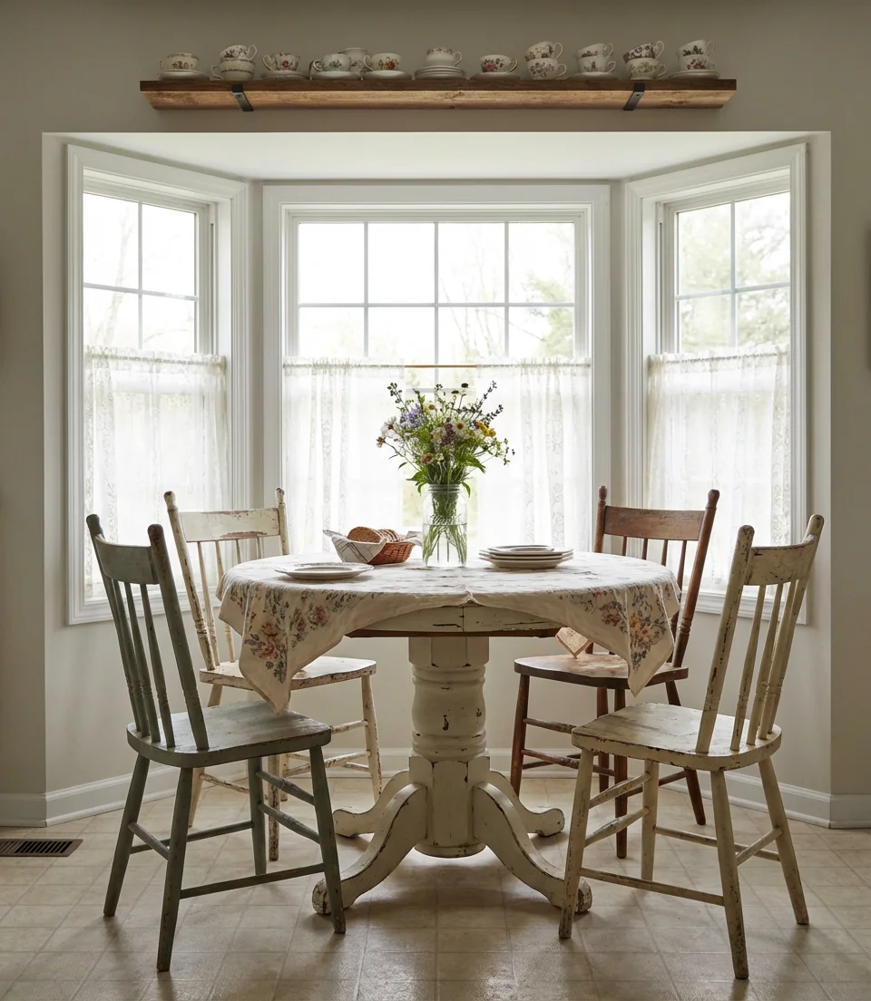 Cozy Kitchen Nook with Vintage Table and Grandma Charm 1