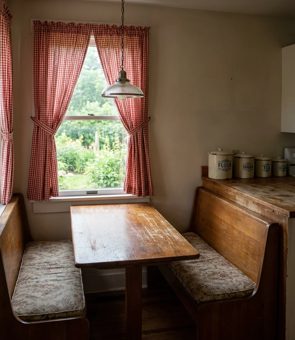 Cozy Kitchen Nook with Vintage Table and Grandma Charm 2