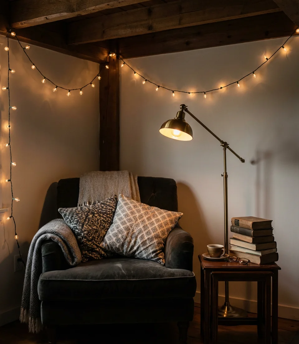 Cozy Reading Nook with Layered Lighting 1