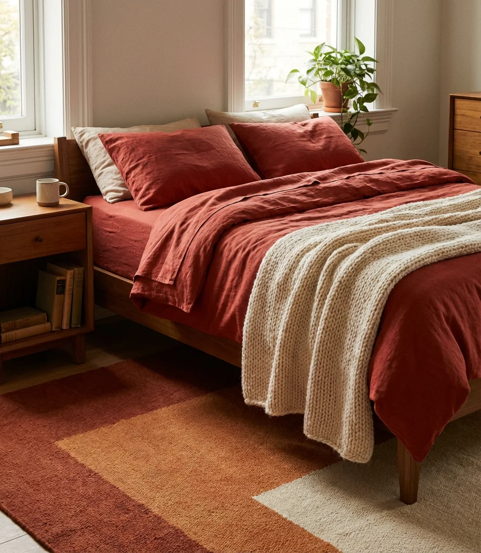 Cozy Red Bedroom With Layered Textiles 1
