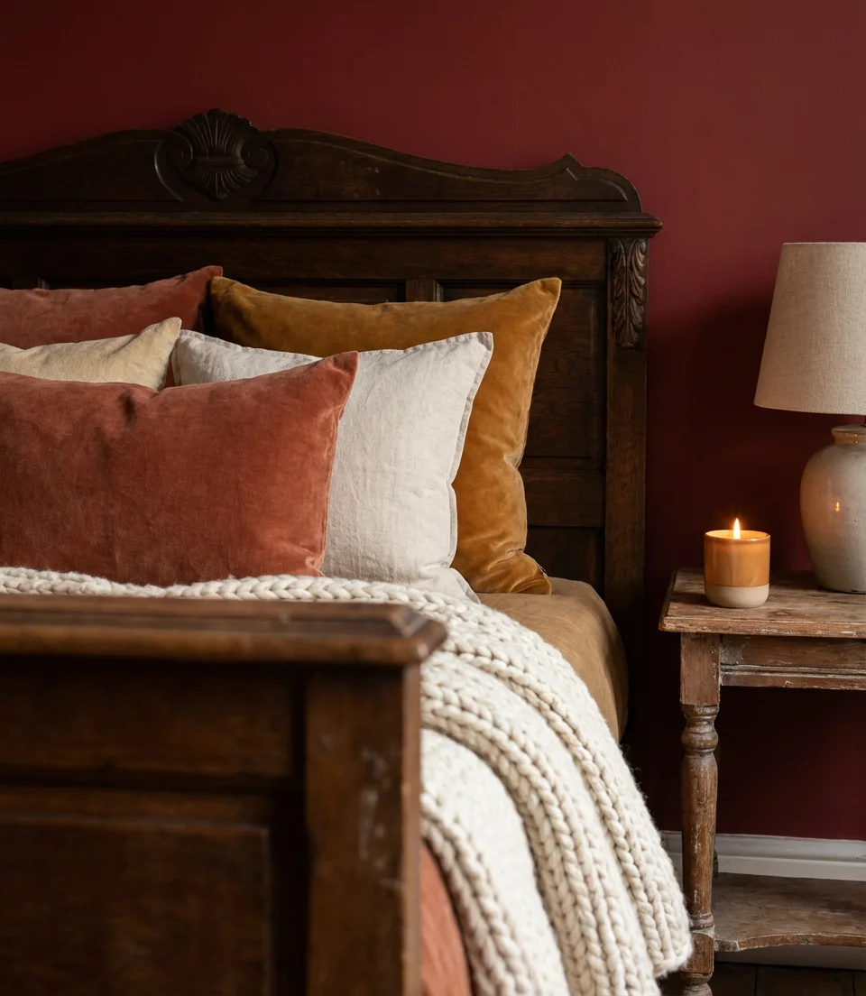 Cozy Red Bedroom With Layered Textiles 2