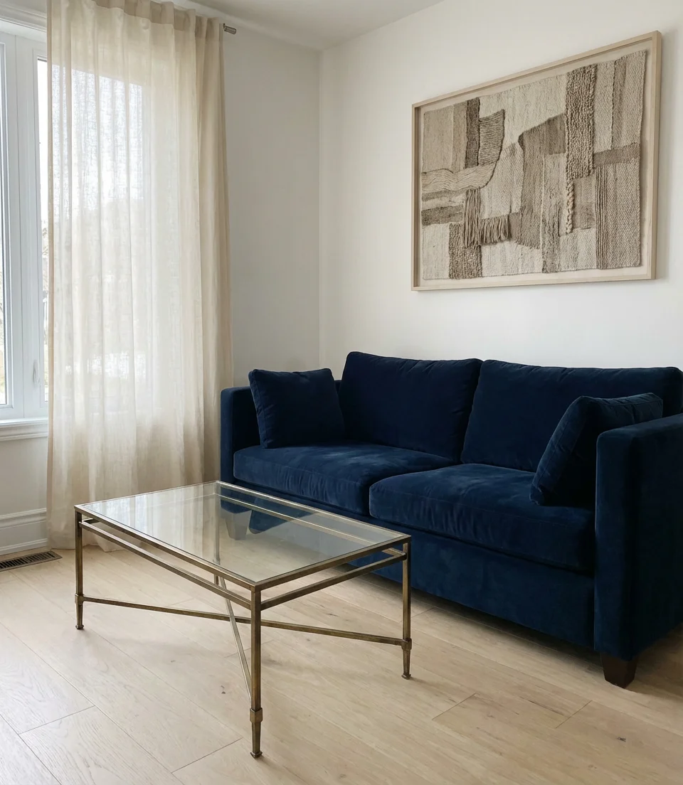Dark Blue Velvet Sofa in a Light Room 1