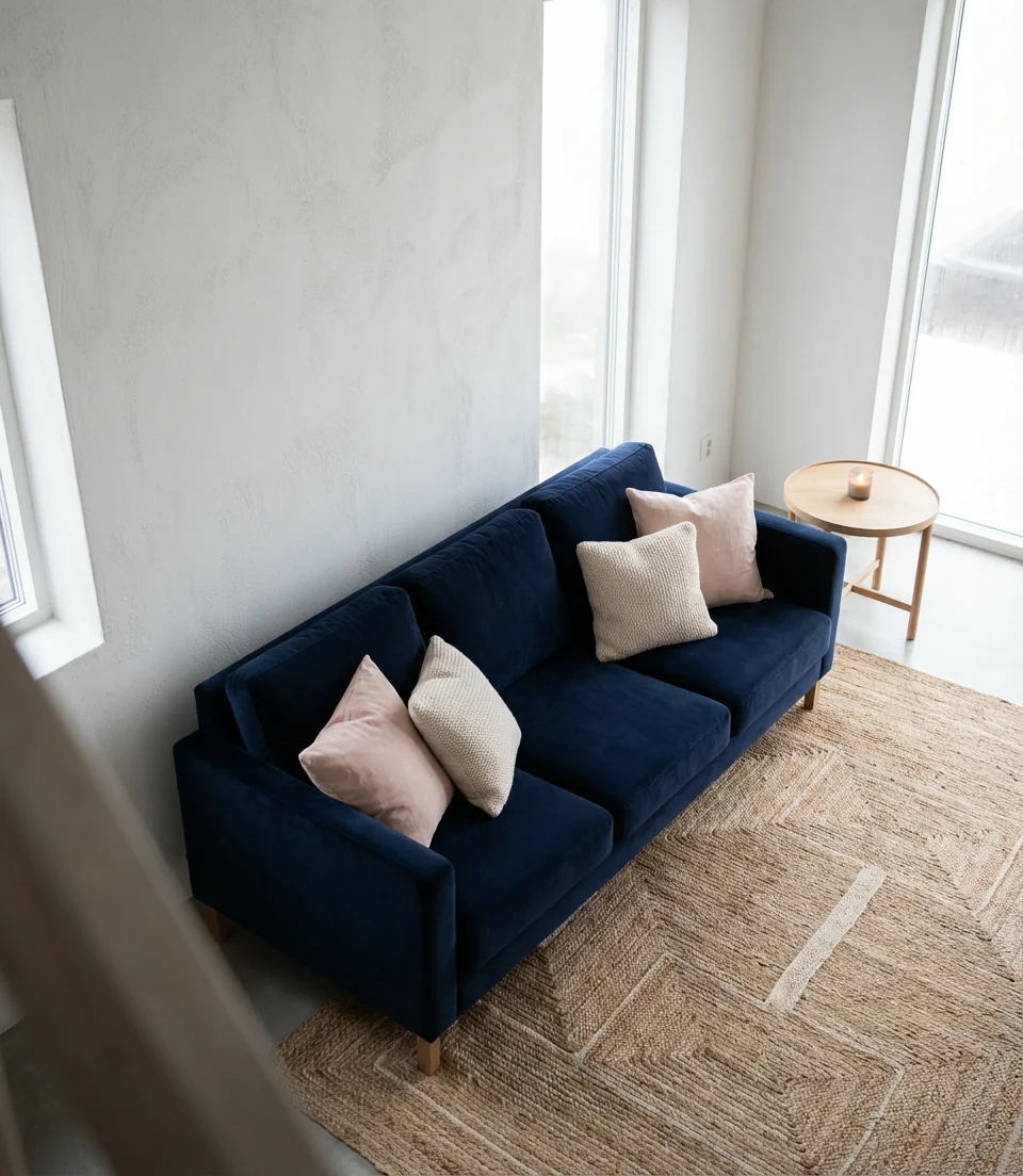 Dark Blue Velvet Sofa in a Light Room 2