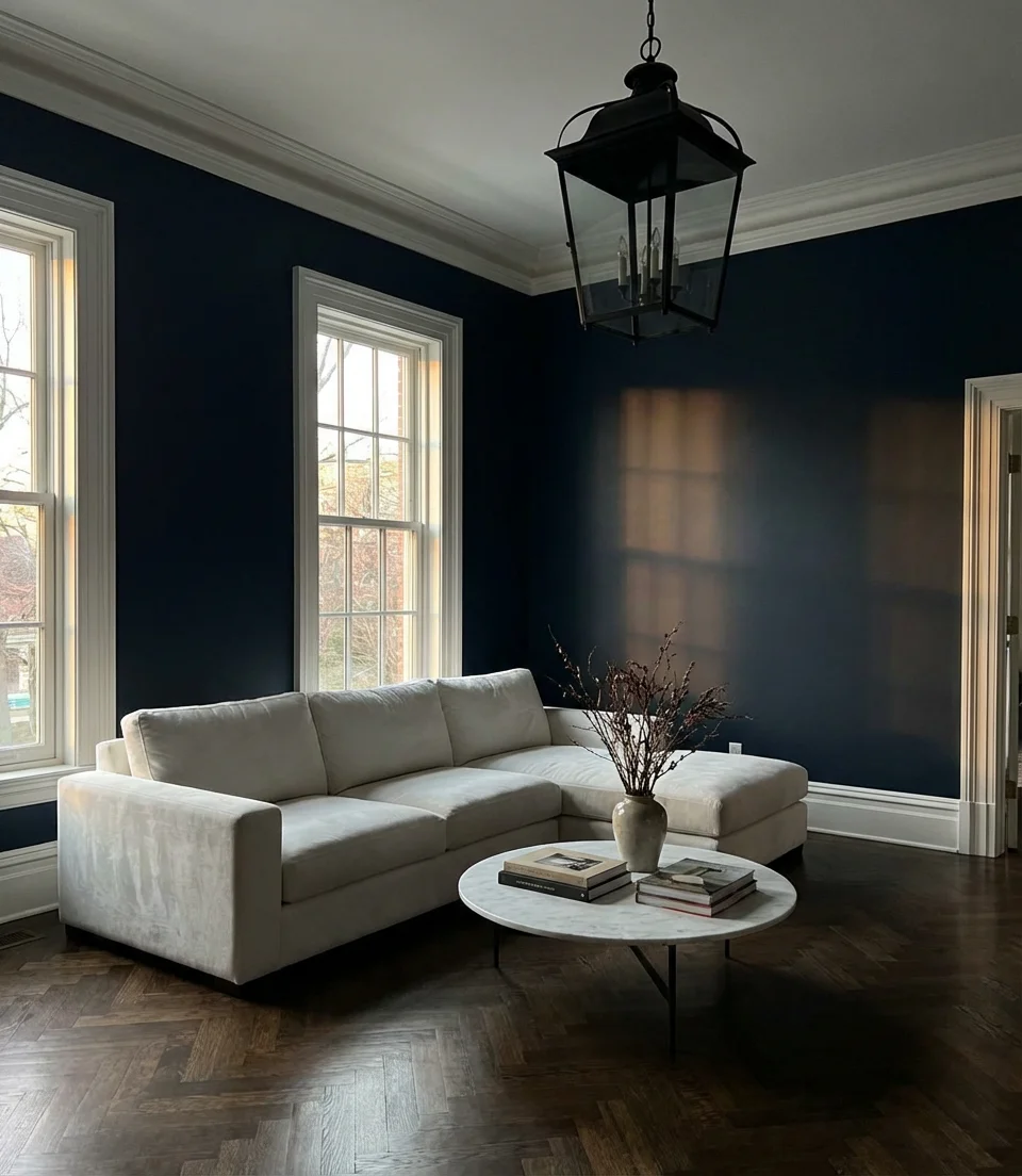 Dark Blue and White Living Room with Moody Drama 1