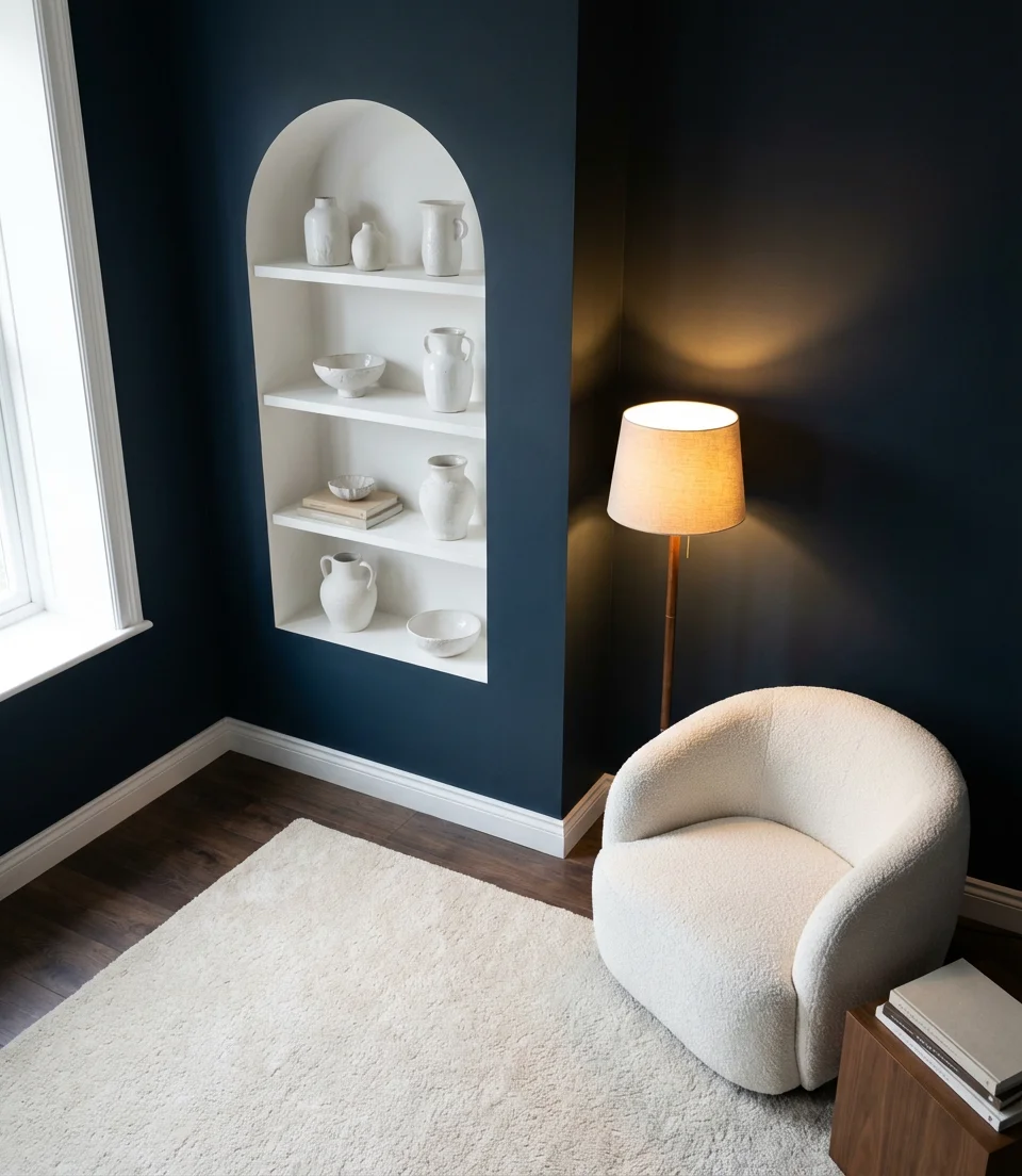 Dark Blue and White Living Room with Moody Drama 2