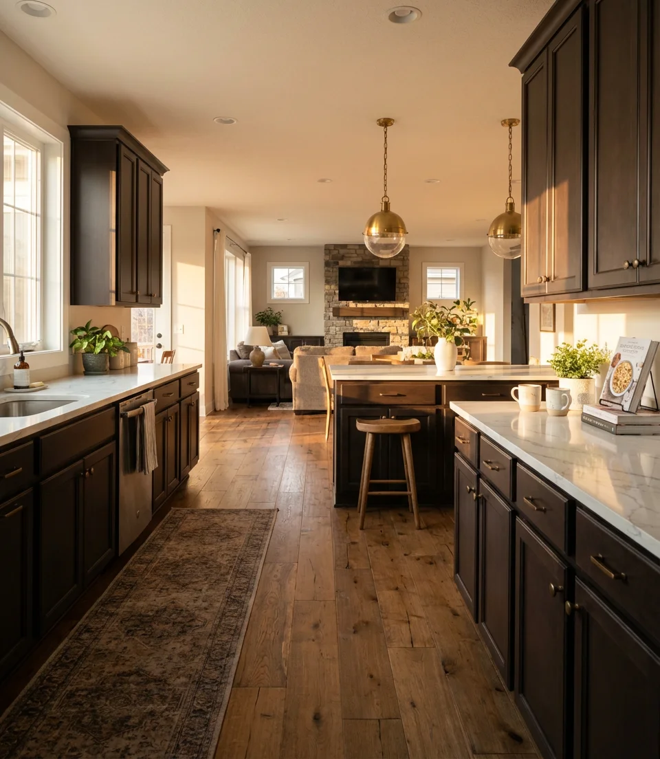 Dark Brown Cabinets with Hardwood Floors 1