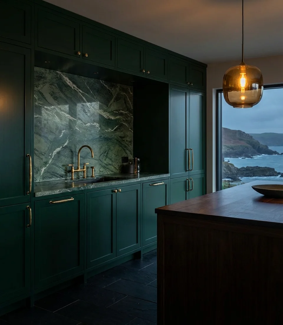 Dark Coastal Kitchen with Velvet and Gold 1