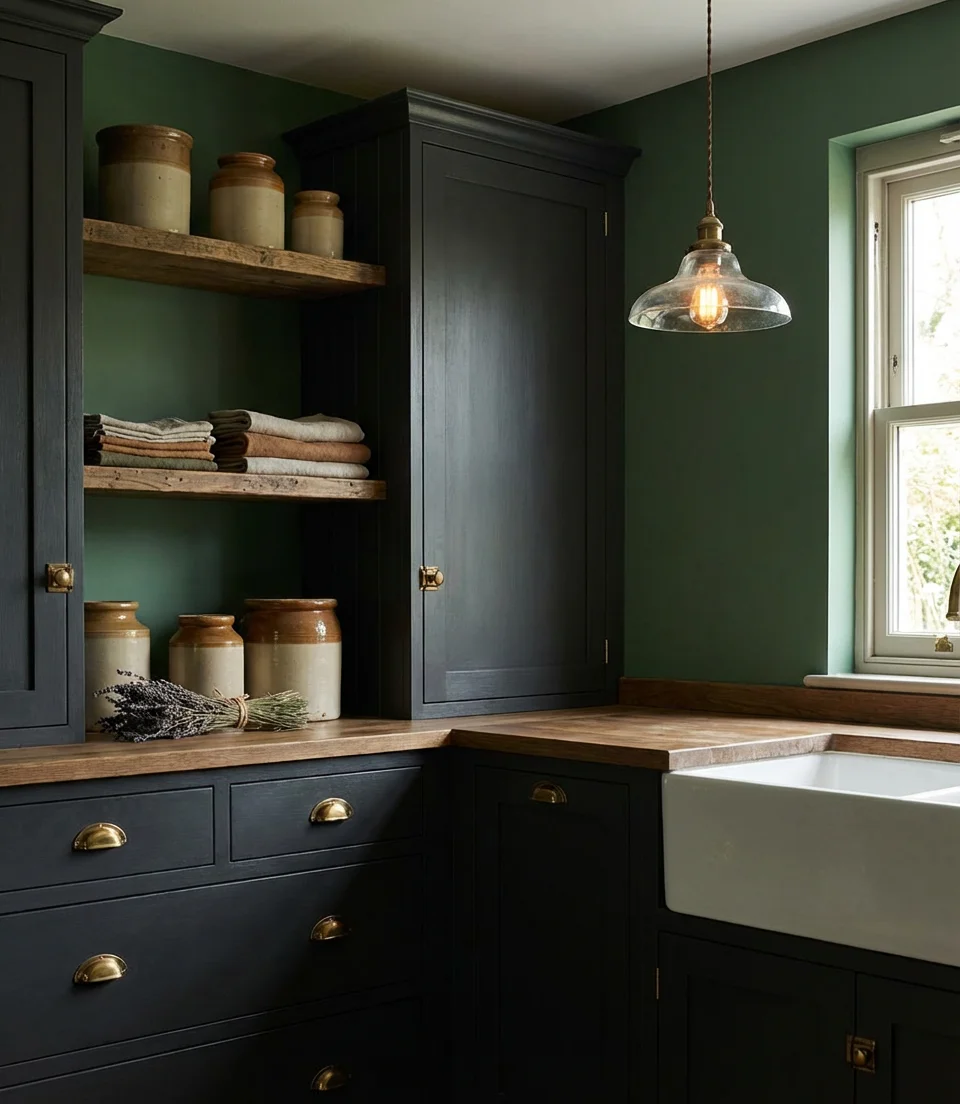 Dark Cottagecore Kitchen with Moody Cabinets 1