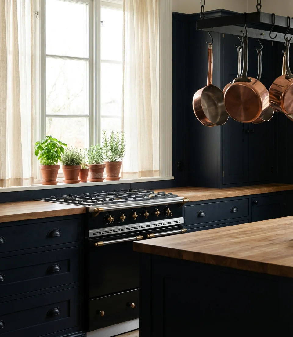 Dark Cottagecore Kitchen with Moody Cabinets 2