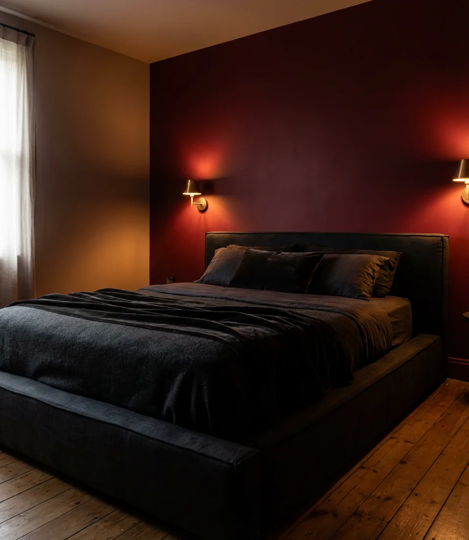 Dark Crimson Accent Wall With Moody Lighting 1