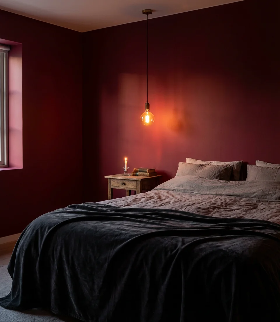 Dark Crimson Accent Wall With Moody Lighting 2