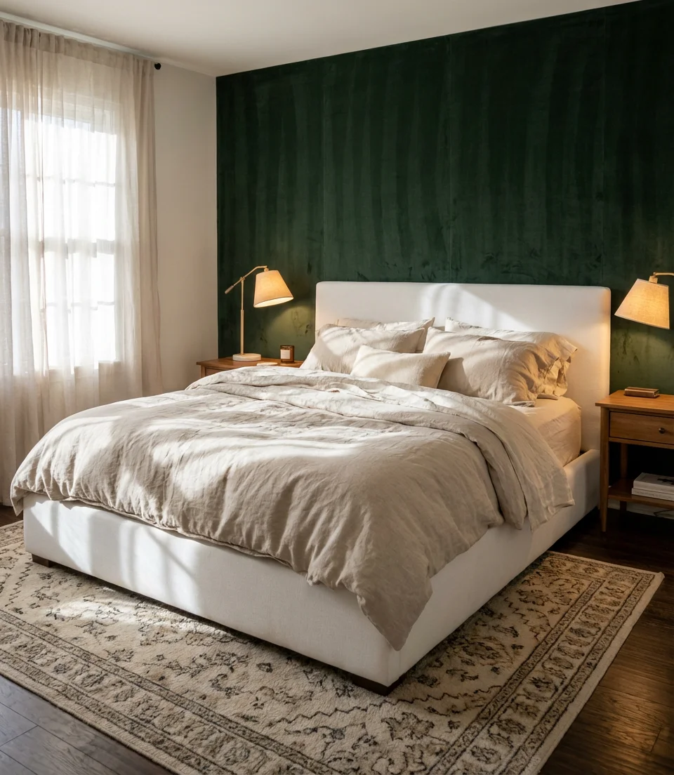 Dark Green Velvet-Textured Wall Behind the Bed 1