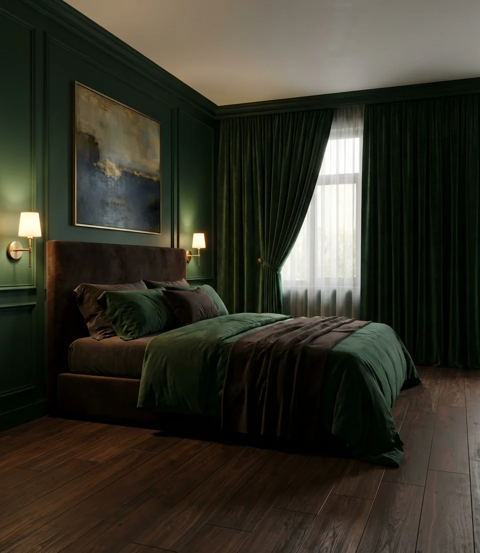 Dark Green and Brown Dramatic Luxury Bedroom 1