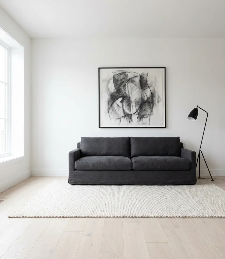 Dark Grey Sofa in a Bright White Space 1