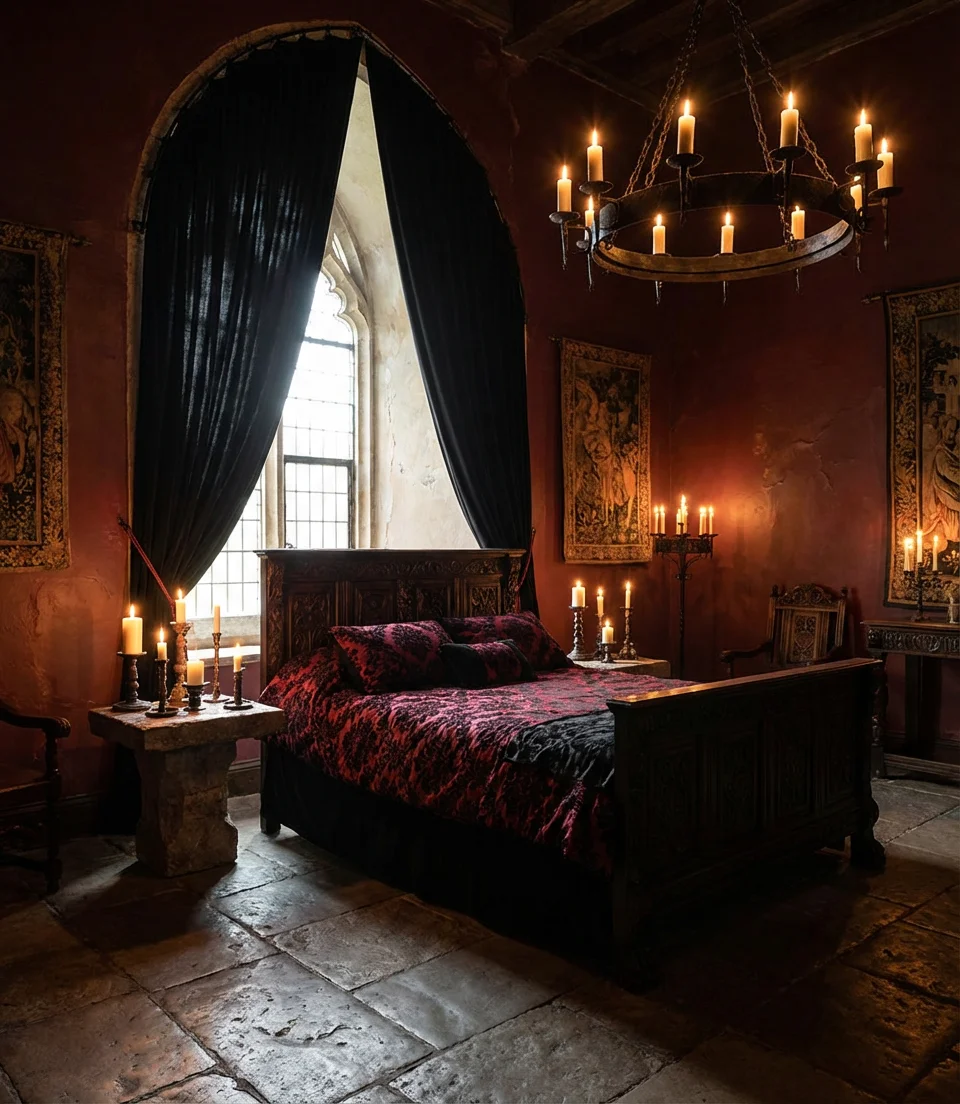 Dark Red Gothic Bedroom With Candles and Iron 1