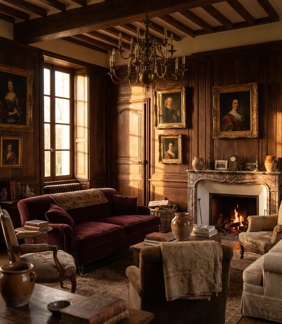 Dark Wood Paneling with Gilt-Framed Artwork 1