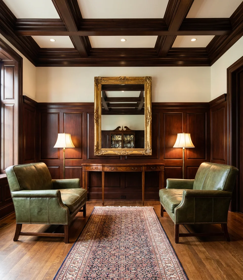 Dark Wood Paneling with Gilt-Framed Artwork 2