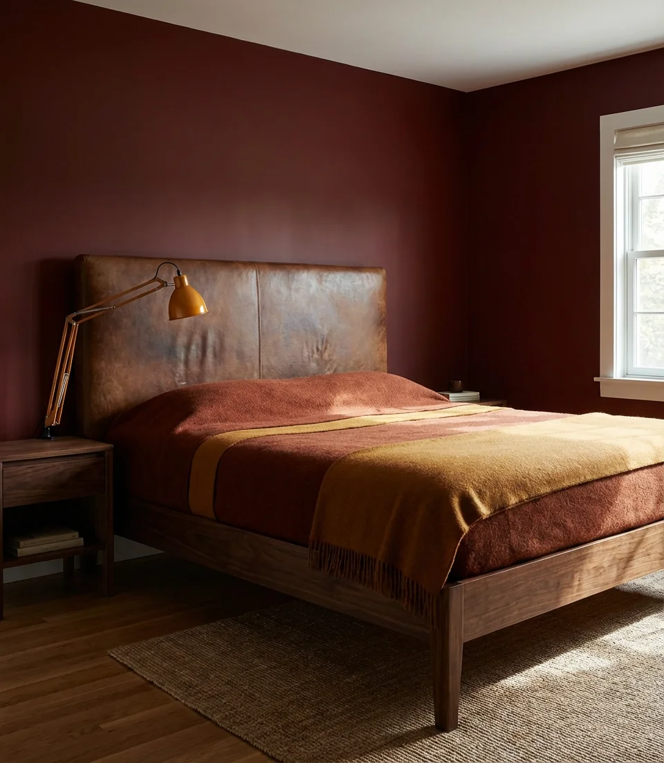 Deep Red Bedroom With Brown Leather and Wood 1