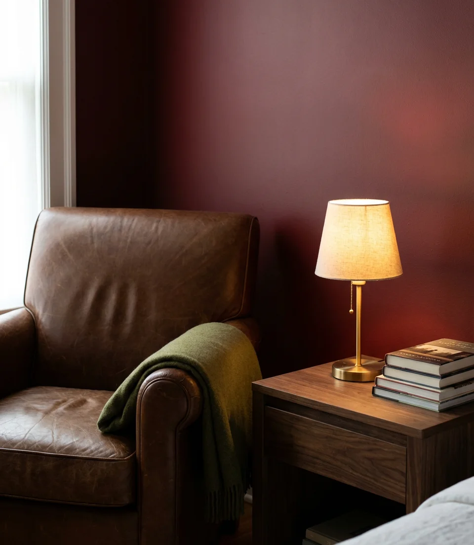 Deep Red Bedroom With Brown Leather and Wood 2