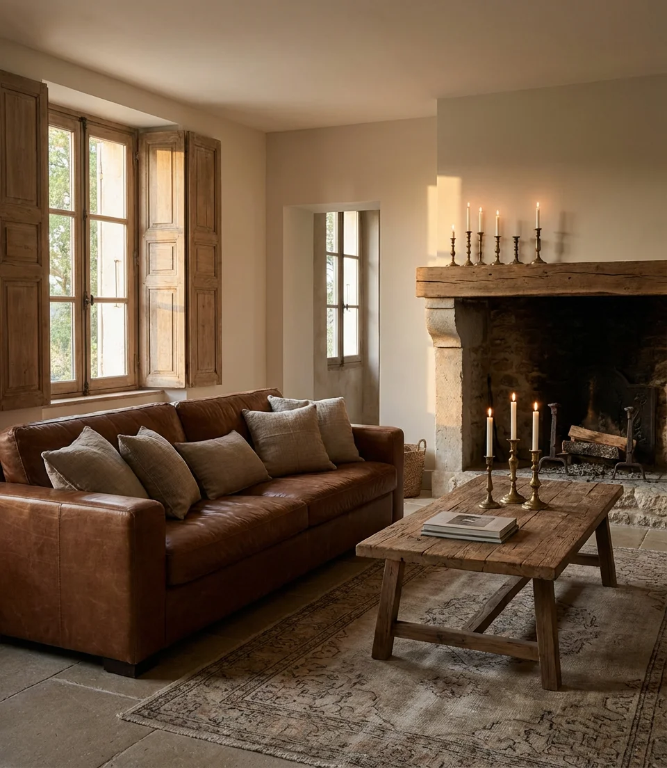 Distressed Leather Couch with Vintage Accents 1