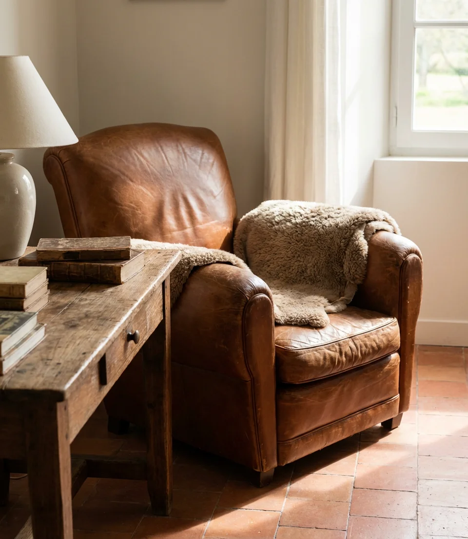 Distressed Leather Couch with Vintage Accents 2