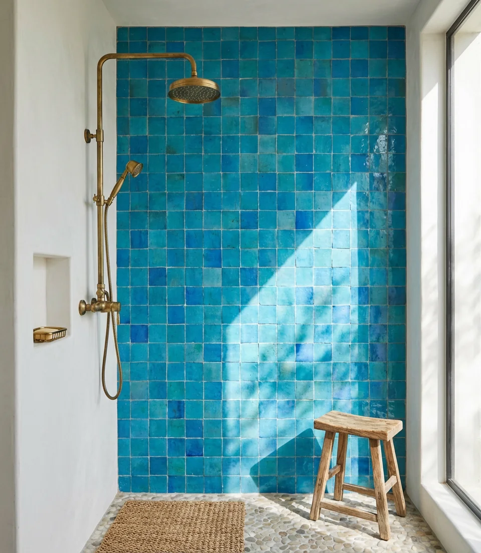 Doorless Shower with Decorative Tile Accent Wall 1