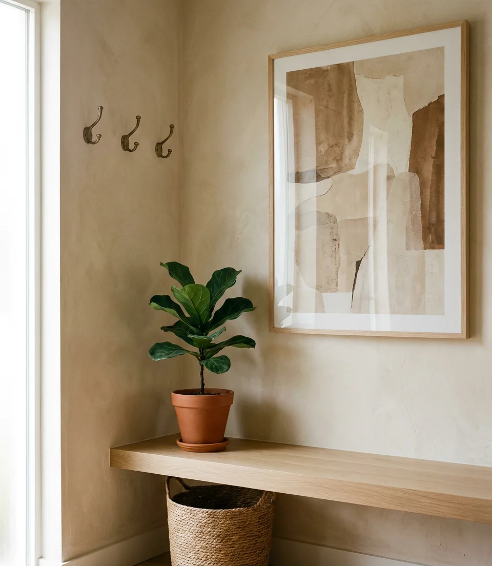 Entryway Wall with Hooks, Bench, and Art 1