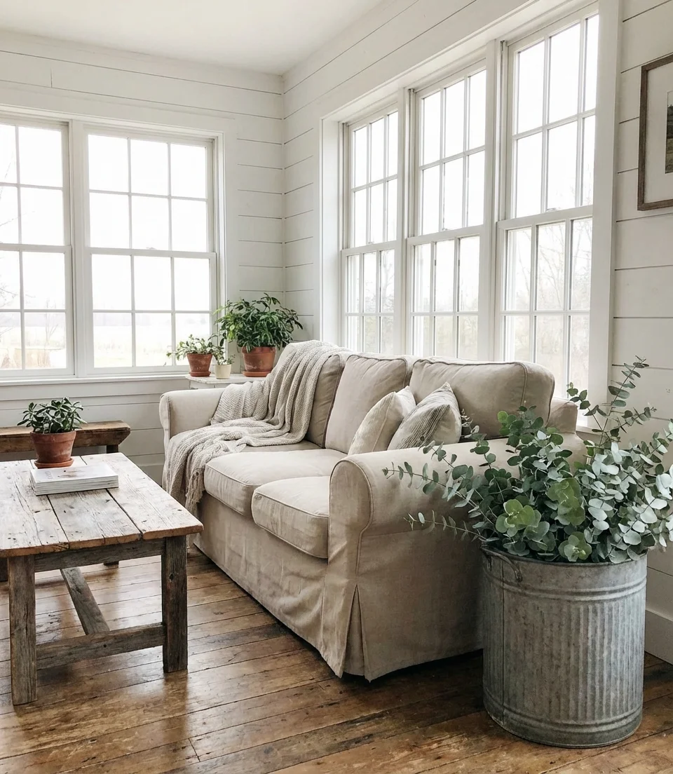 Farmhouse Style Sunroom with Shiplap and Neutral Tones 1