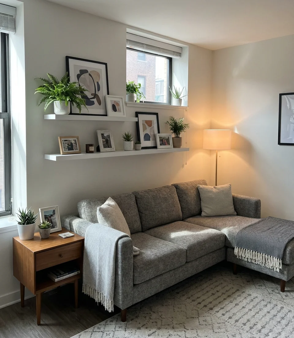 Floating Shelves Above a Low-Profile Sofa 2