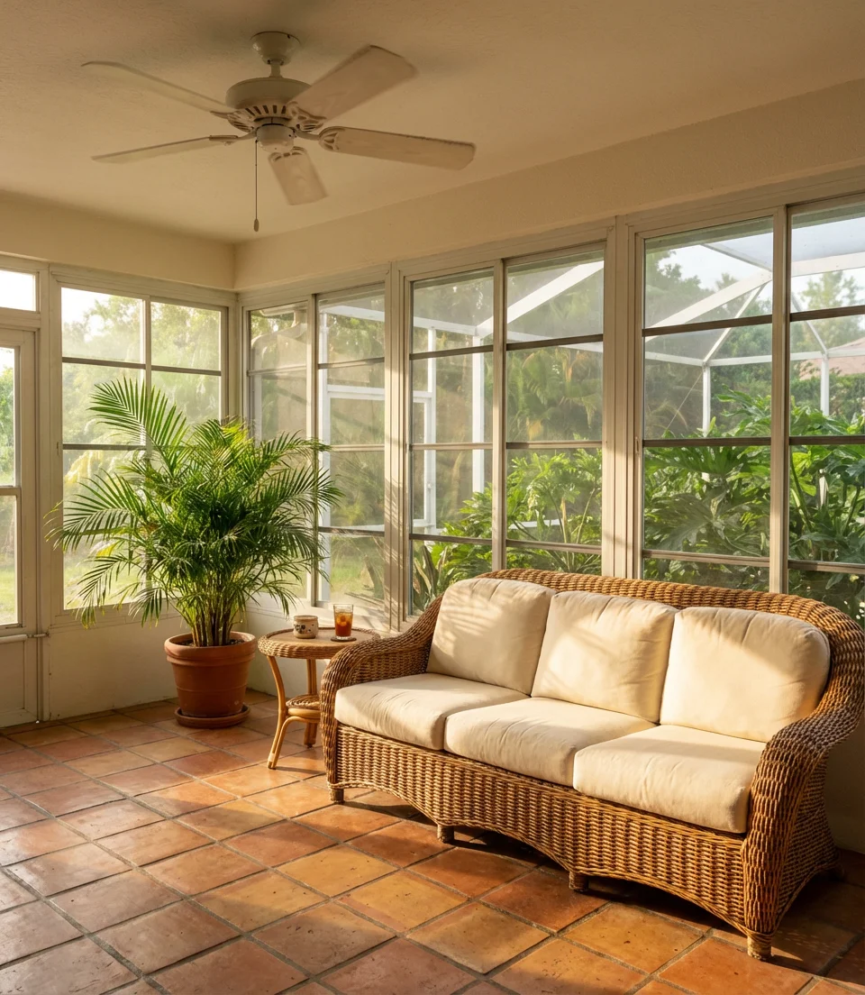 Florida Sunroom with Ceiling Fans and Tropical Plants 1