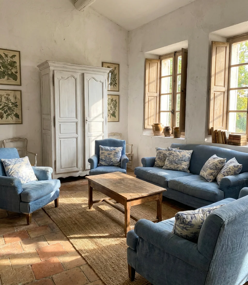 French Country Blue and White Living Room 1