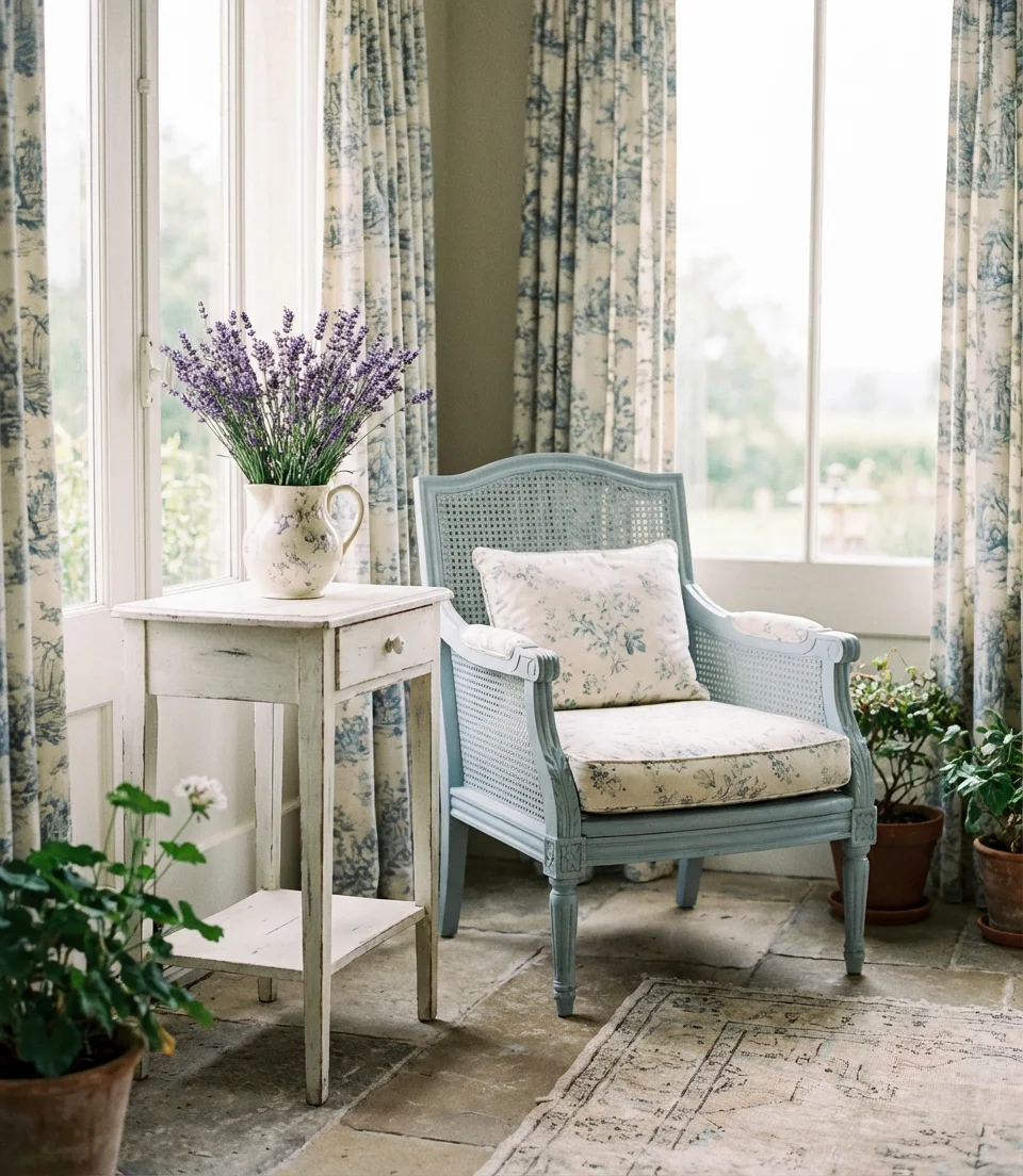 French Country Sunroom with Elegant Furniture and Soft Pastels 1