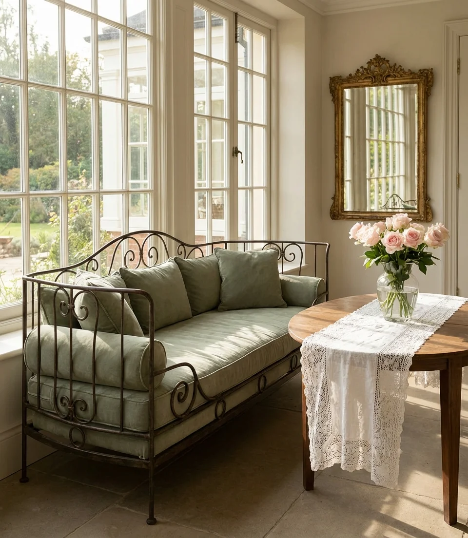 French Country Sunroom with Elegant Furniture and Soft Pastels 2