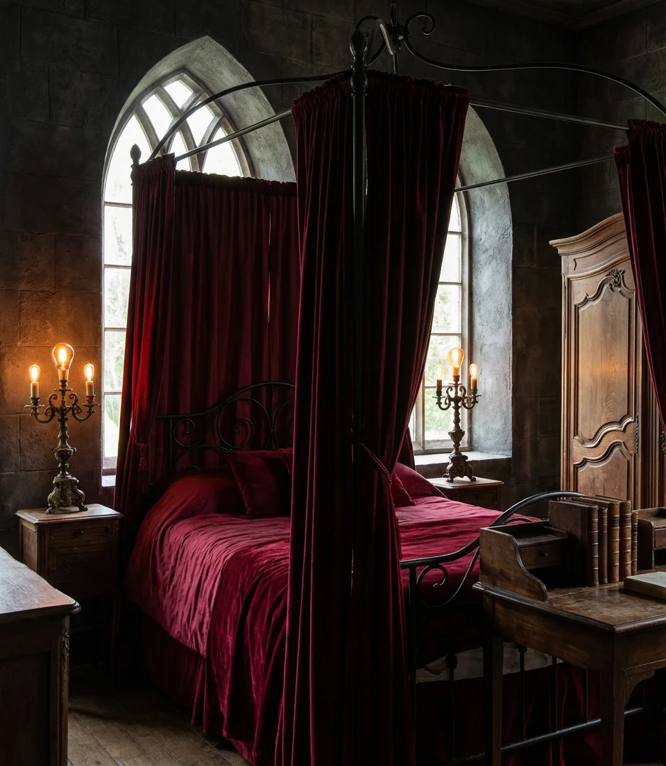 Gothic Red Bedroom With Velvet and Canopies 1