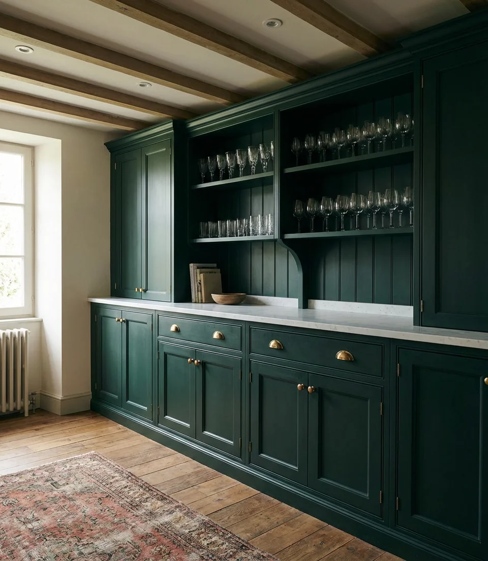 Green Painted Cabinets with Marble Countertops 1