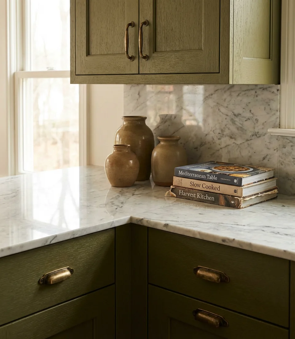 Green Painted Cabinets with Marble Countertops 2
