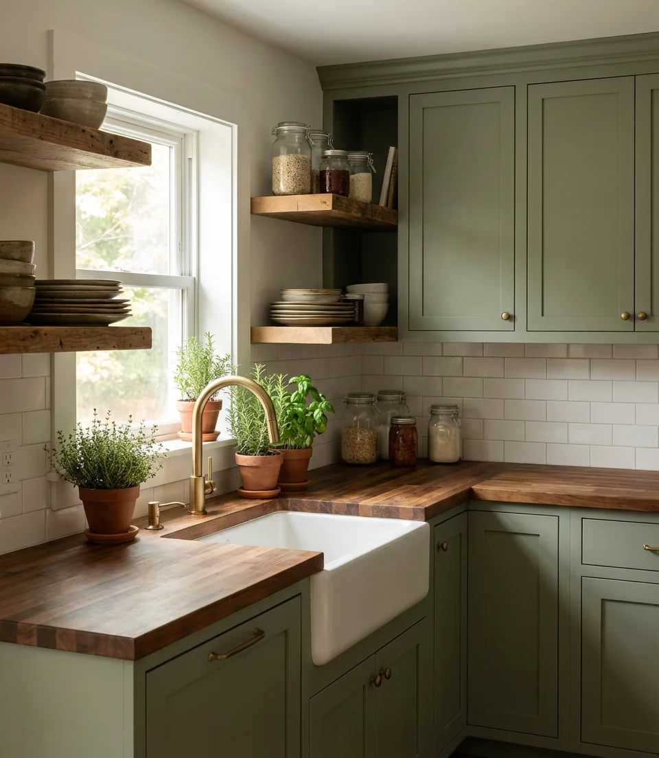 Green Painted Cabinets with Natural Wood Accents 1