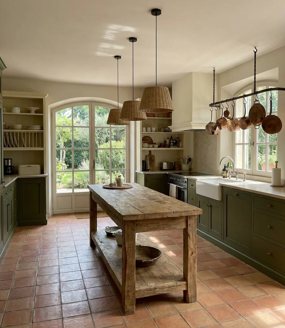 Green Painted Cabinets with Natural Wood Accents 2