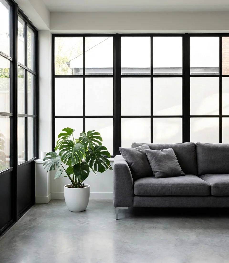 Indoor Modern Sunroom with Sleek Furnishings and Minimalist Decor 1