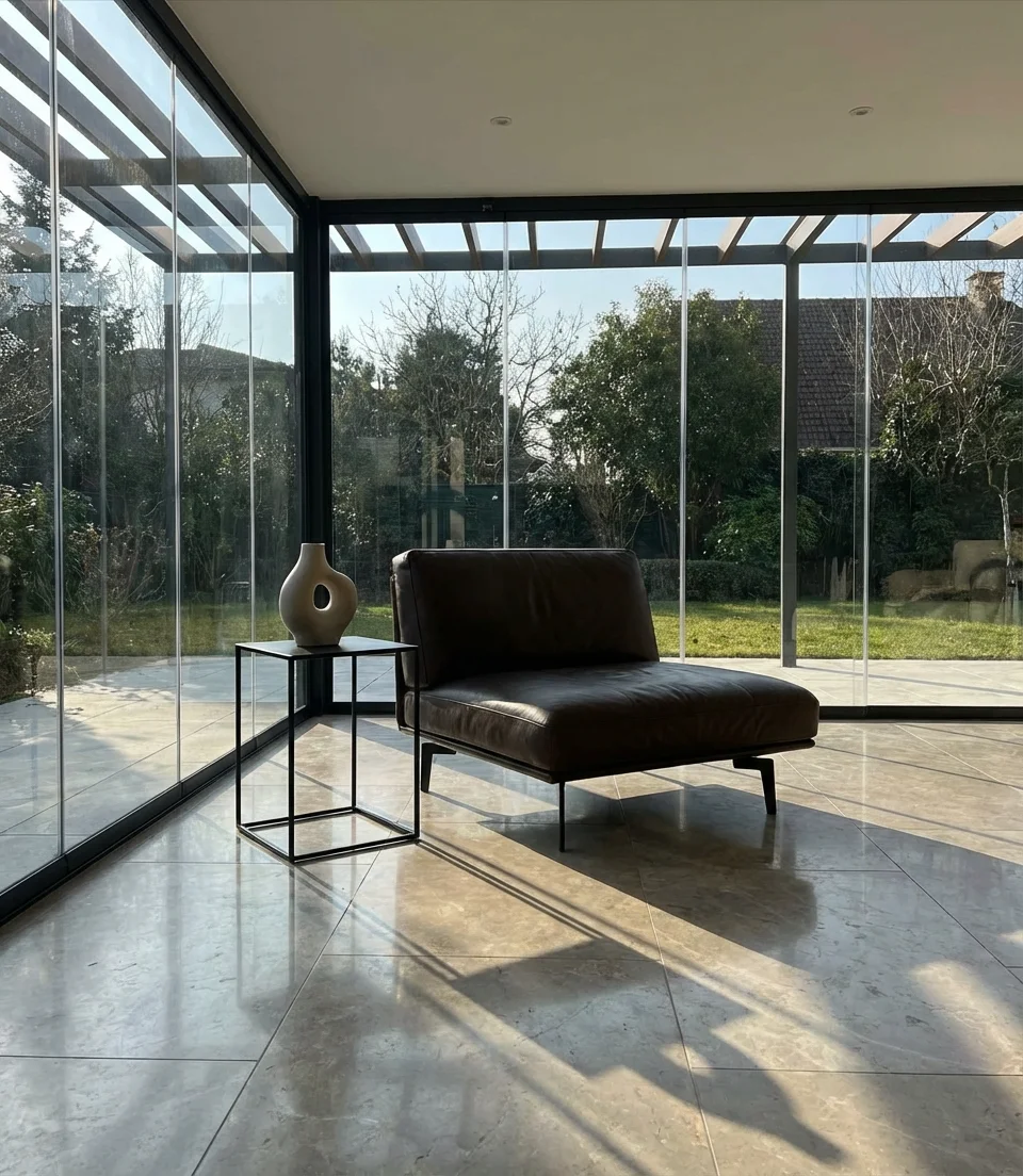 Indoor Modern Sunroom with Sleek Furnishings and Minimalist Decor 2